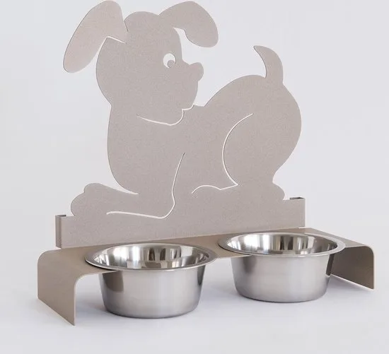 Dubbele metalen voerbak – Italiaans design, hondensilhouet, beige